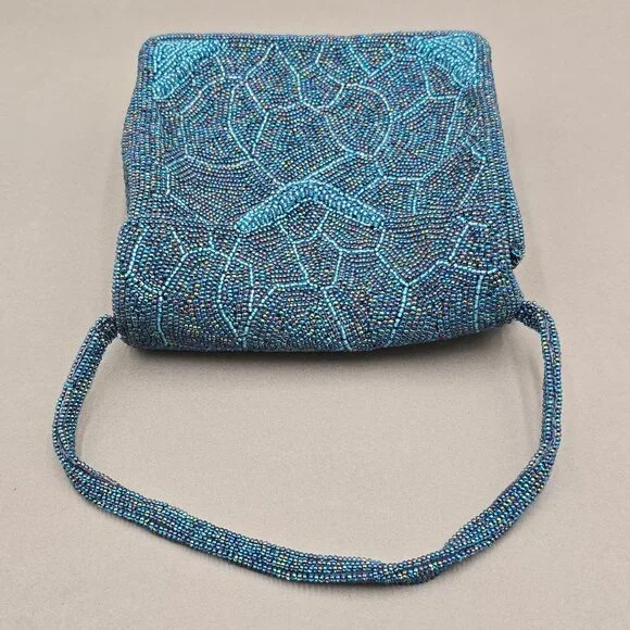 VTG Beaded Purse Made in Japan Blue Mosaic Iridescent Evening Bag Top Handle 60s - Picture 4 of 14